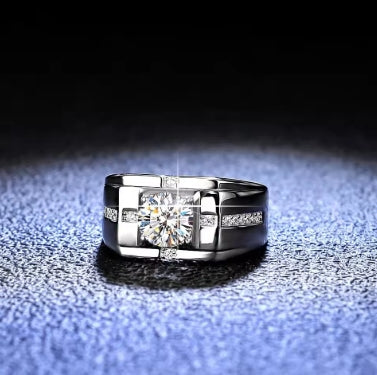 Bague en Or Blanc Massif 18K, Moissanite 1ct pour Homme